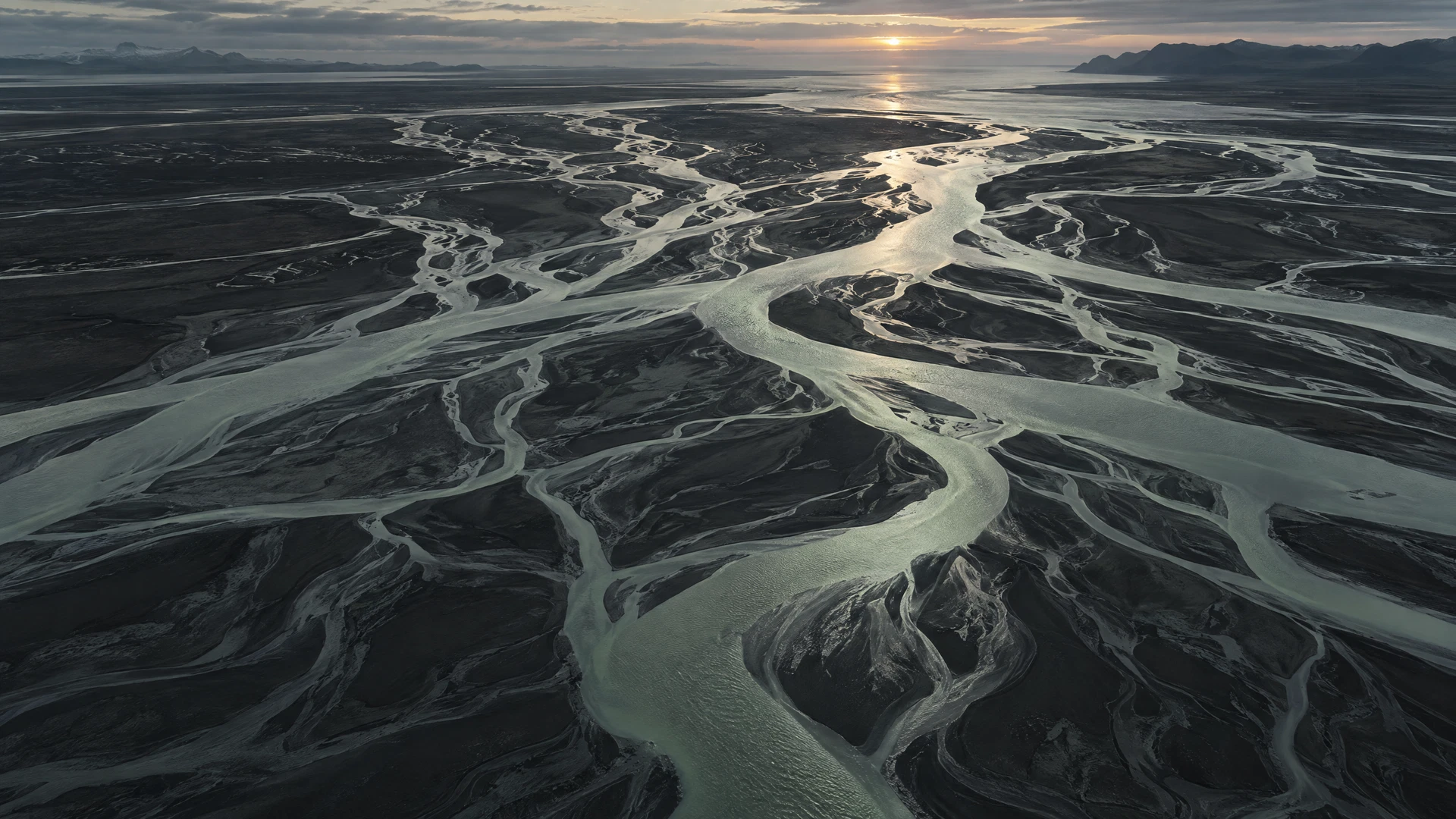 Aerial view of a river delta branching into many channels