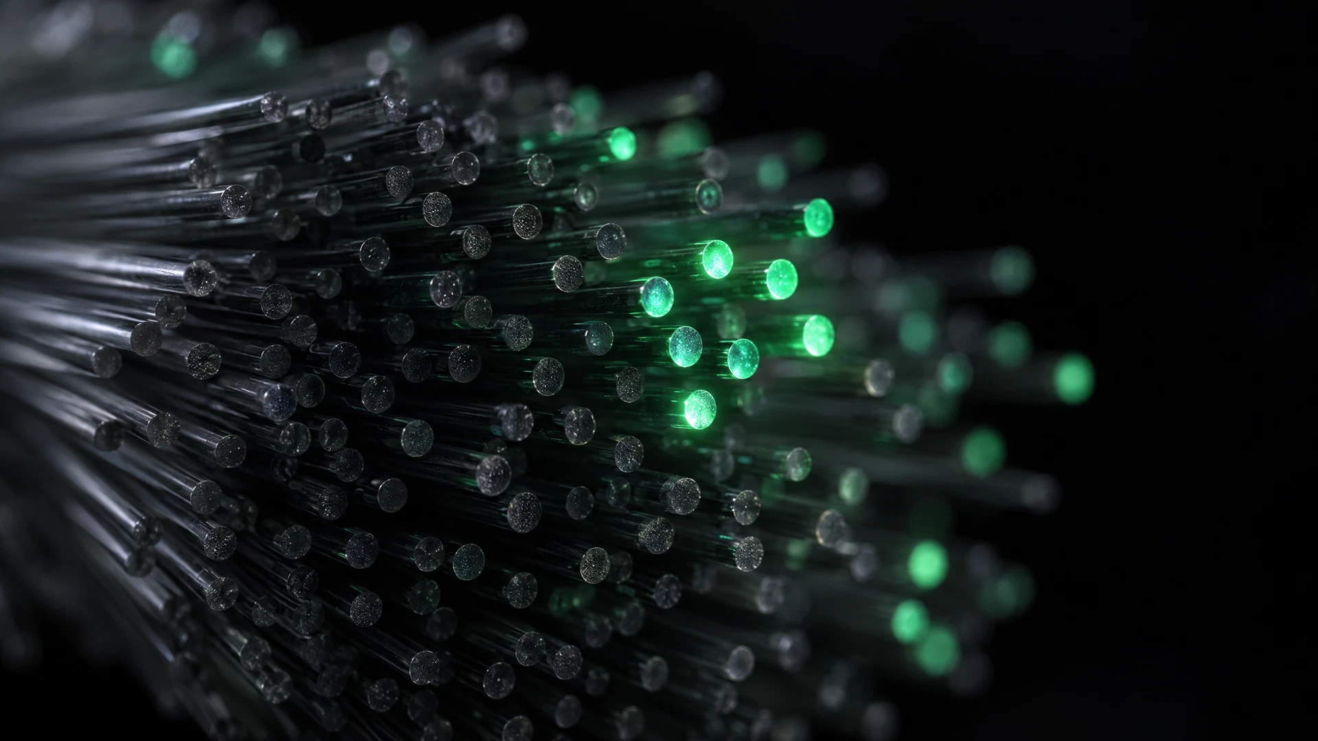Macro photograph of optical fibres carrying small points of green light